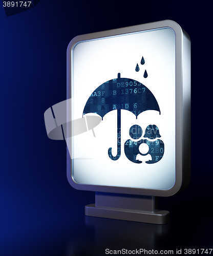 Image of Safety concept: Family And Umbrella on billboard background