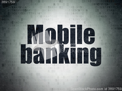 Image of Currency concept: Mobile Banking on Digital Data Paper background