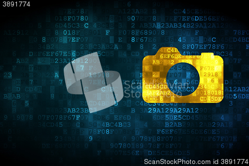 Image of Vacation concept: Photo Camera on digital background