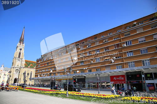 Image of NOVI SAD, SERBIA - APRIL 03: View on Catholic Cathedral from str