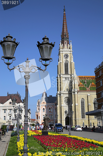 Image of NOVI SAD, SERBIA - APRIL 03: View on Catholic Cathedral from str