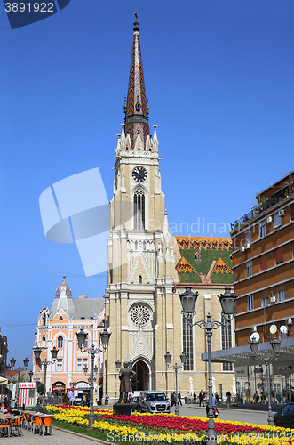 Image of NOVI SAD, SERBIA - APRIL 03: View on Catholic Cathedral from str