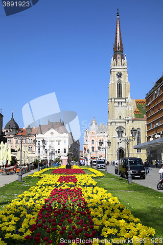 Image of NOVI SAD, SERBIA - APRIL 03: View on Catholic Cathedral from str