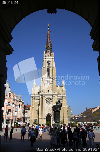 Image of NOVI SAD, SERBIA - APRIL 03: View on Catholic Cathedral from Lib