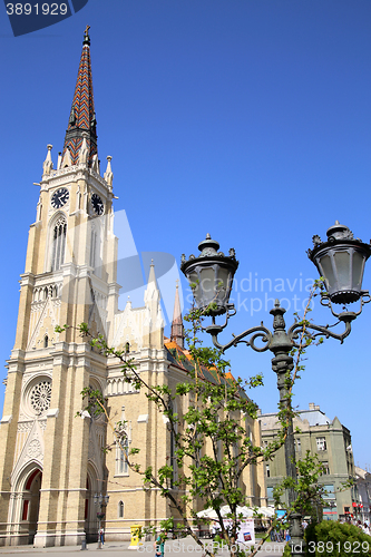 Image of NOVI SAD, SERBIA - APRIL 03: View on Catholic Cathedral from Lib