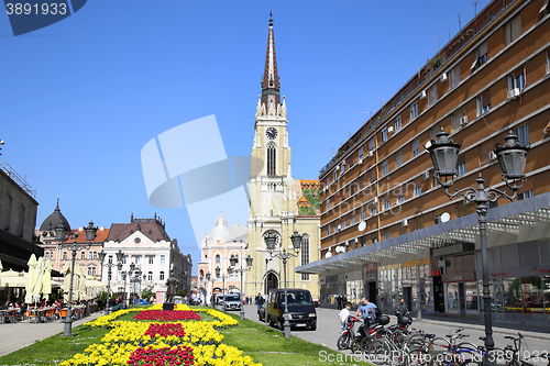 Image of NOVI SAD, SERBIA - APRIL 03: View on Catholic Cathedral from str