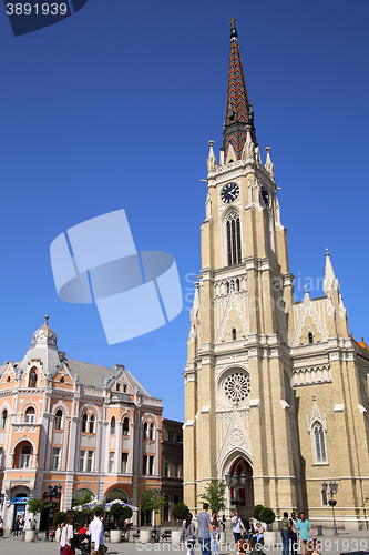 Image of NOVI SAD, SERBIA - APRIL 03: View on Catholic Cathedral from Lib