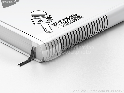 Image of News concept: closed book, Breaking News And Microphone on white background