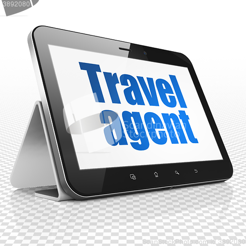 Image of Travel concept: Tablet Computer with Travel Agent on display