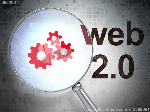 Image of Web development concept: Gears and Web 2.0 with optical glass