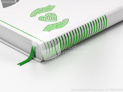 Image of Insurance concept: closed book, Heart And Palm on white background