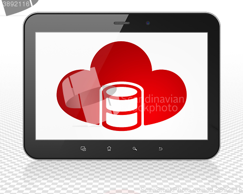 Image of Cloud networking concept: Tablet Pc Computer with Database With Cloud on display