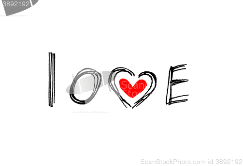 Image of Word ''Love'' with abstract heart on white background