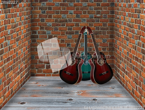 Image of three guitars in the corner of the room