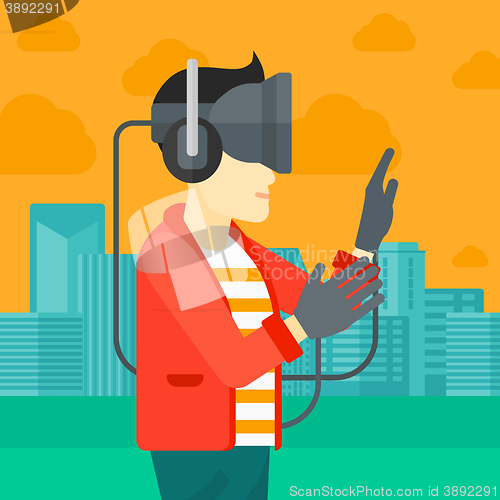 Image of Man wearing virtual reality headset.