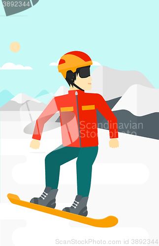 Image of Young man snowboarding.