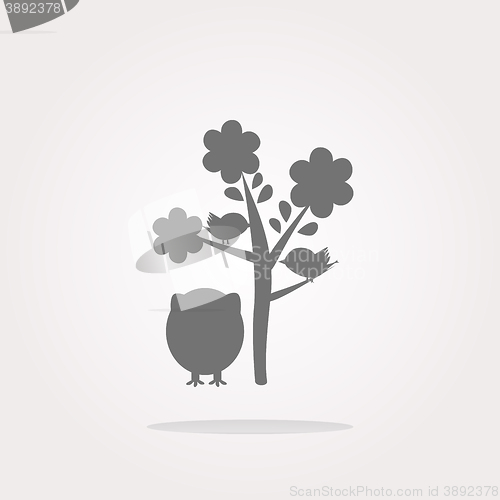 Image of vector button with owl and tree, isolated on white. Web Icon Art. Graphic Icon Drawing