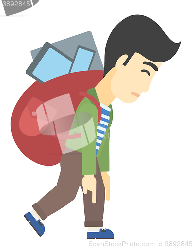 Image of Man with backpack full of devices.