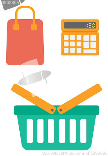 Image of Calculator, shopping basket and bag.