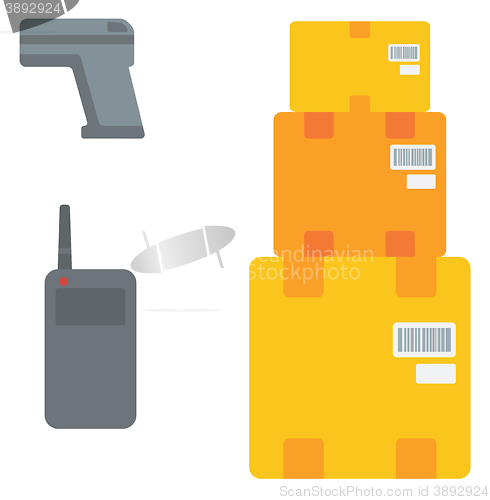 Image of Cardboard boxes, barcode scanner and radio set.