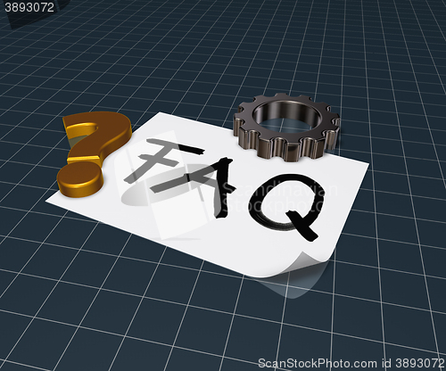 Image of the word faq on paper sheet and gear wheel - 3d rendering
