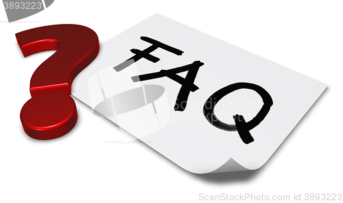 Image of the word faq on paper sheet and question mark - 3d rendering