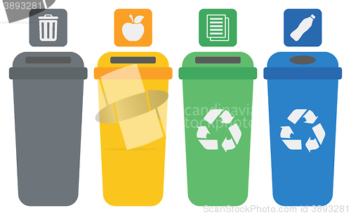 Image of Four colored recycling bins.