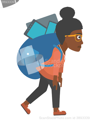 Image of Woman with backpack full of devices.