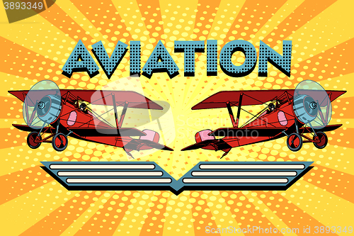 Image of Retro two-winged plane aviation poster