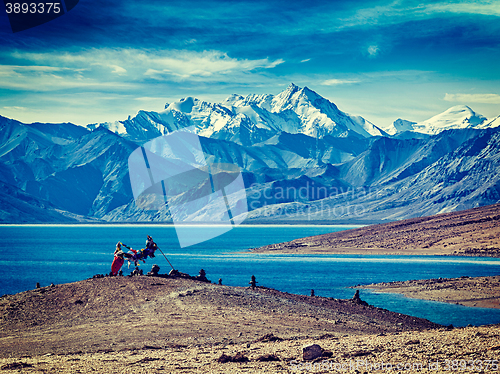 Image of Buddhist prayer flags lungta at Himalayan lake Tso Moriri