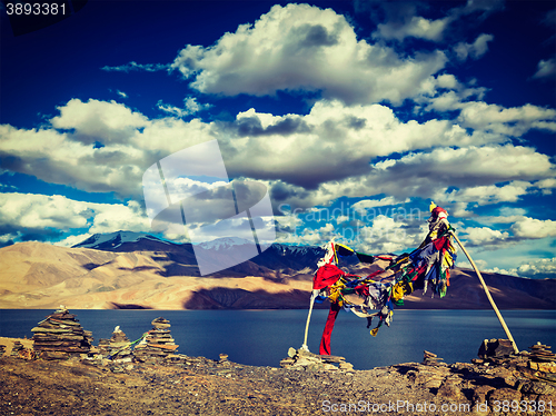 Image of Buddhist prayer flags lungta at Himalayan lake Tso Moriri