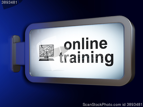 Image of Education concept: Online Training and Computer Pc on billboard background