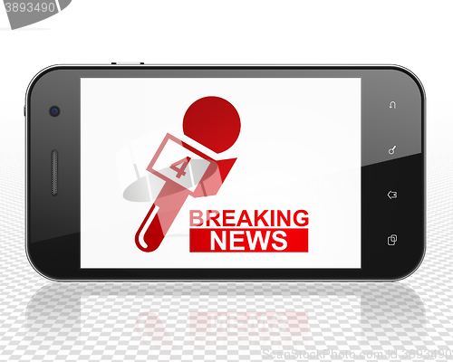 Image of News concept: Smartphone with Breaking News And Microphone on display