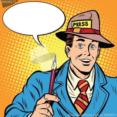 Image of Positive retro journalist interviews press media report