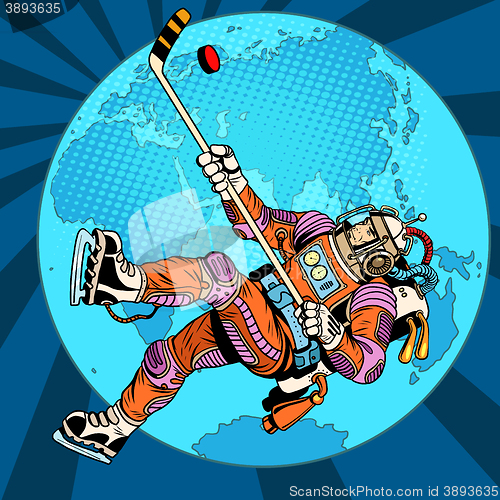 Image of Astronaut plays hockey over planet Earth