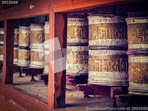 Image of Buddhist prayer wheels in Hemis monstery. Ladakh, India