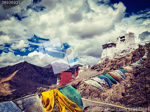 Image of Leh gompa and lungta prayer flags. Leh, Ladakh, India