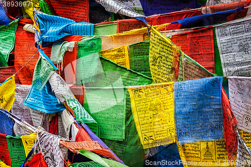 Image of Buddhist prayer flags lungta with prayers, Ladakh