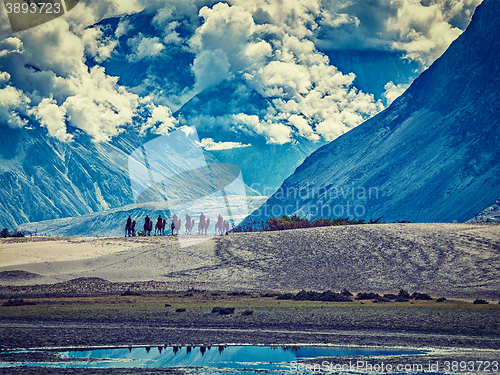 Image of Tourists riding camels in Nubra valley in Himalayas, Ladakh