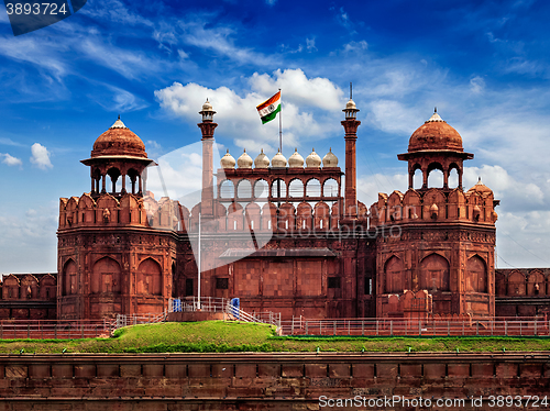 Image of Red Fort Lal Qila with Indian flag. Delhi, India