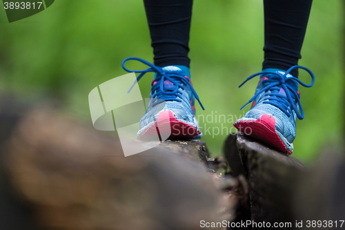 Image of Adventure, sport and exercise detail. Sport shoes.