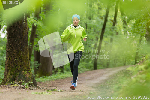 Image of Sporty young female runner in the forest. 