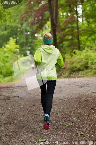 Image of Sporty young female runner in the forest. 