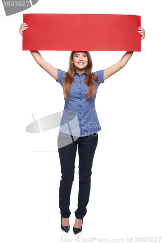 Image of Woman holding red blank cardboard