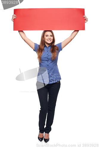 Image of Woman holding red blank cardboard