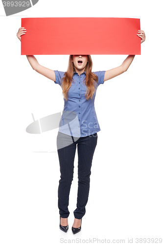 Image of Woman holding red blank cardboard