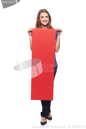 Image of Woman holding red blank cardboard