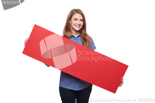 Image of Woman holding red blank cardboard