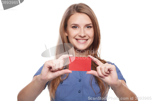 Image of Confident business woman in glasses showing blank credit card