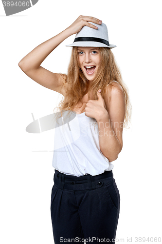 Image of Happy woman with straw hat